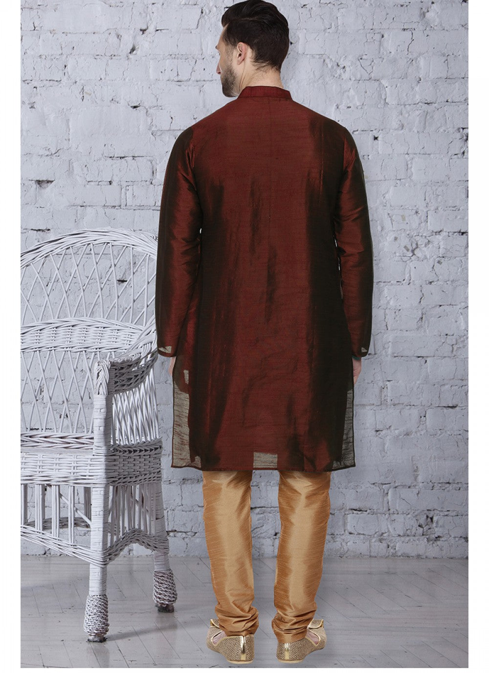 Embroidered Art Dupion Silk Brown Kurta Pyjama - M1510