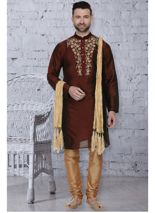 Embroidered Art Dupion Silk Brown Kurta Pyjama - M1510