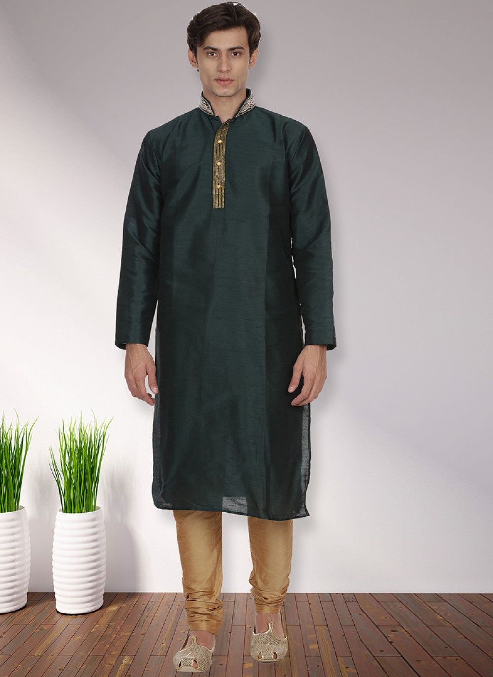 Patch Art Dupion Silk Green Kurta Pyjama - M1126