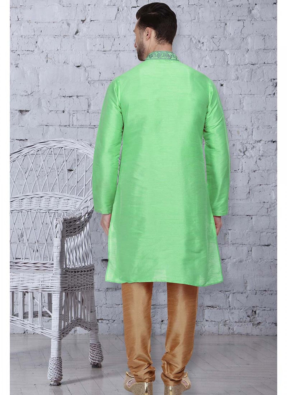 Embroidered Art Dupion Silk Green Kurta Pyjama - M1532