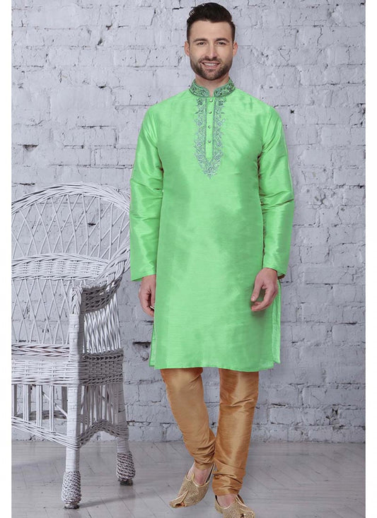 Embroidered Art Dupion Silk Green Kurta Pyjama - M1532