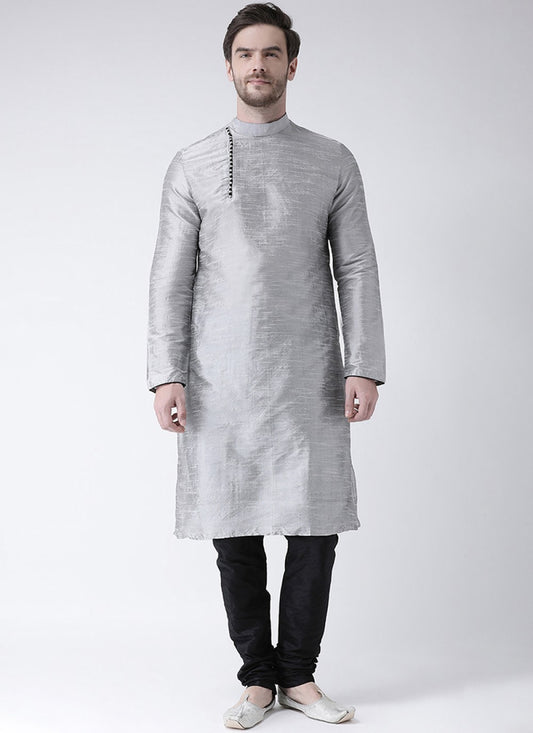 Plain Art Dupion Silk Grey Kurta Pyjama - M1444