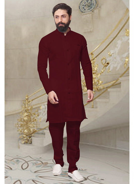 Plain Art Dupion Silk Maroon Kurta Pyjama - M1370