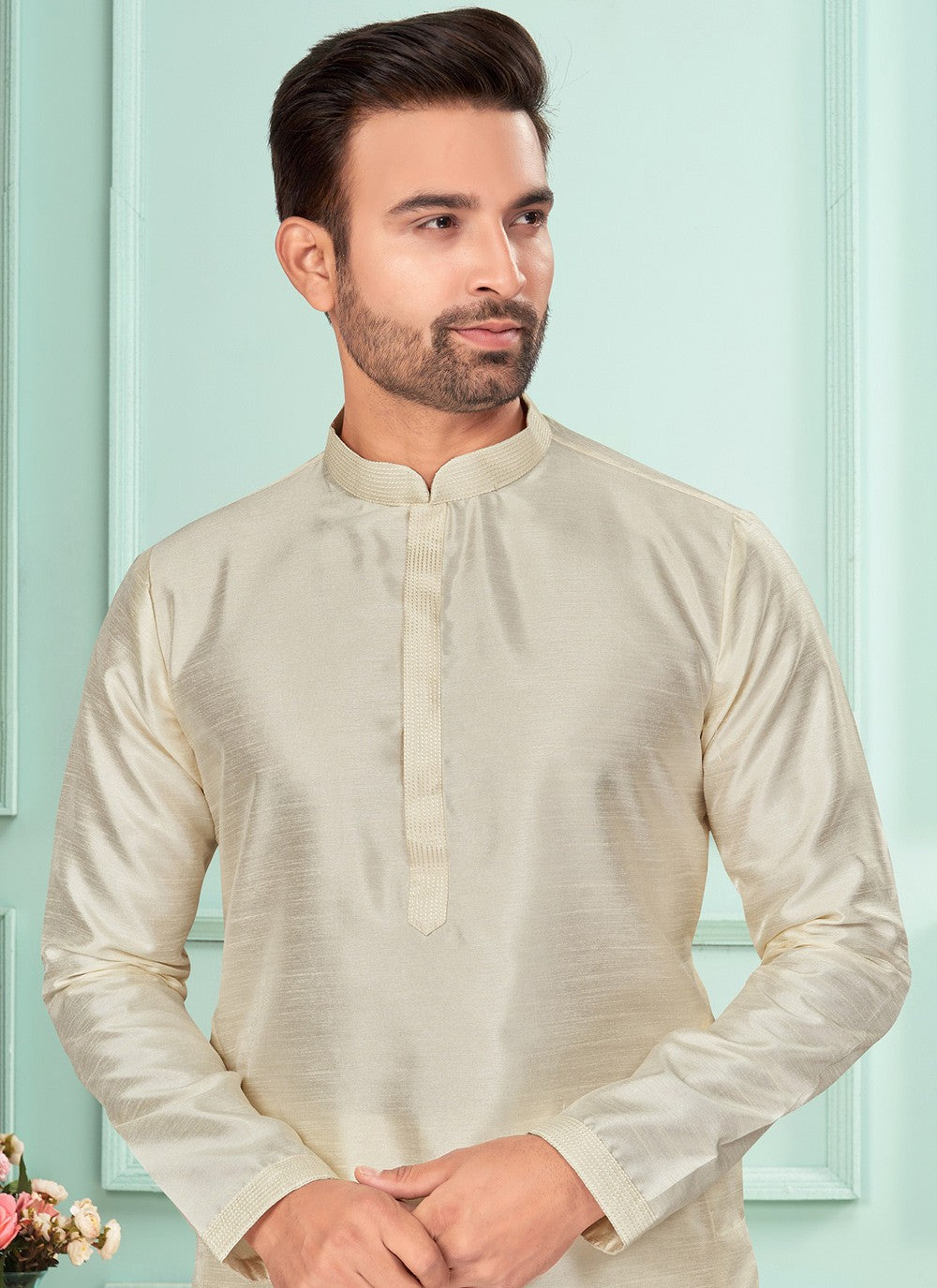 Plain Art Dupion Silk Off White Kurta Pyjama - M7258