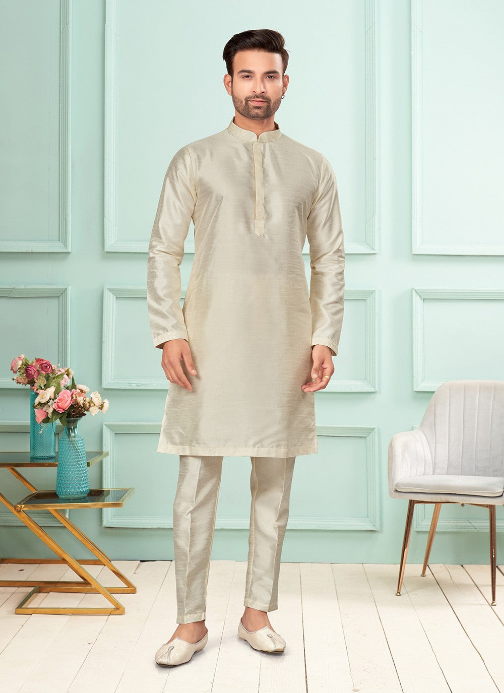 Plain Art Dupion Silk Off White Kurta Pyjama - M7258