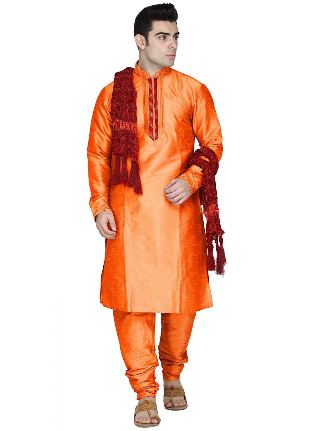 Embroidered Art Dupion Silk Orange Kurta Pyjama - M1283