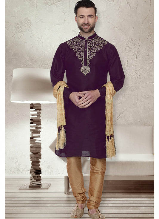 Embroidered Art Dupion Silk Purple Kurta Pyjama - M1504