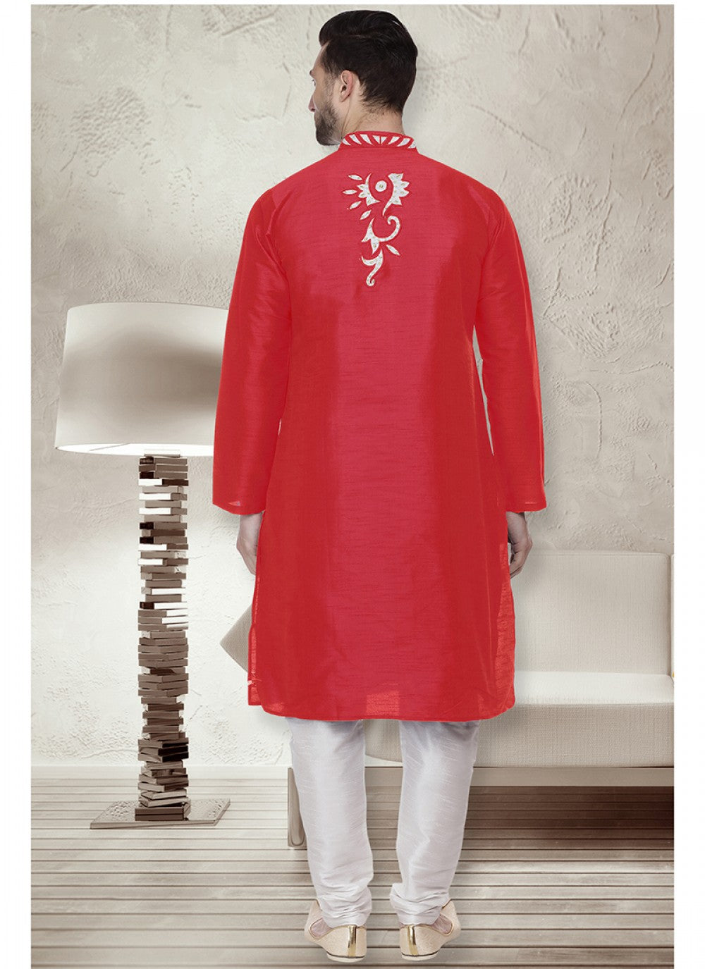 Embroidered Art Dupion Silk Red Kurta Pyjama - M1517