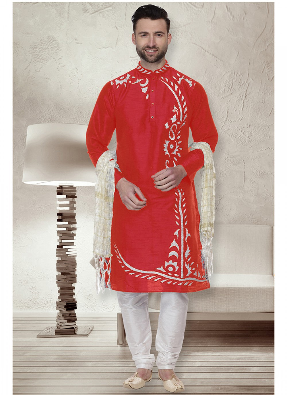 Embroidered Art Dupion Silk Red Kurta Pyjama - M1517