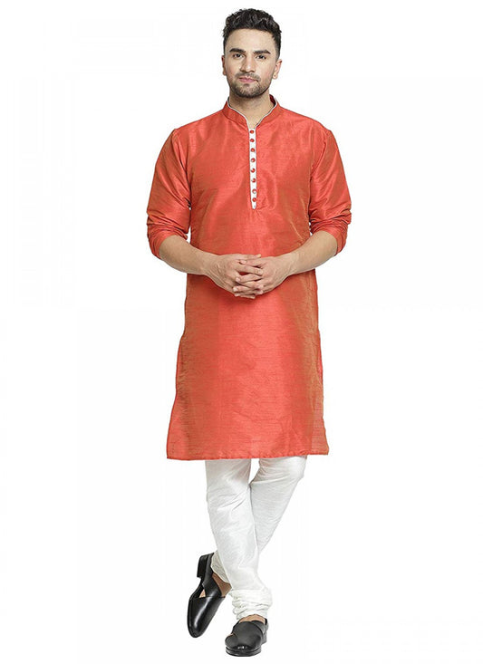 Plain Art Dupion Silk Rust Kurta Pyjama - M1302