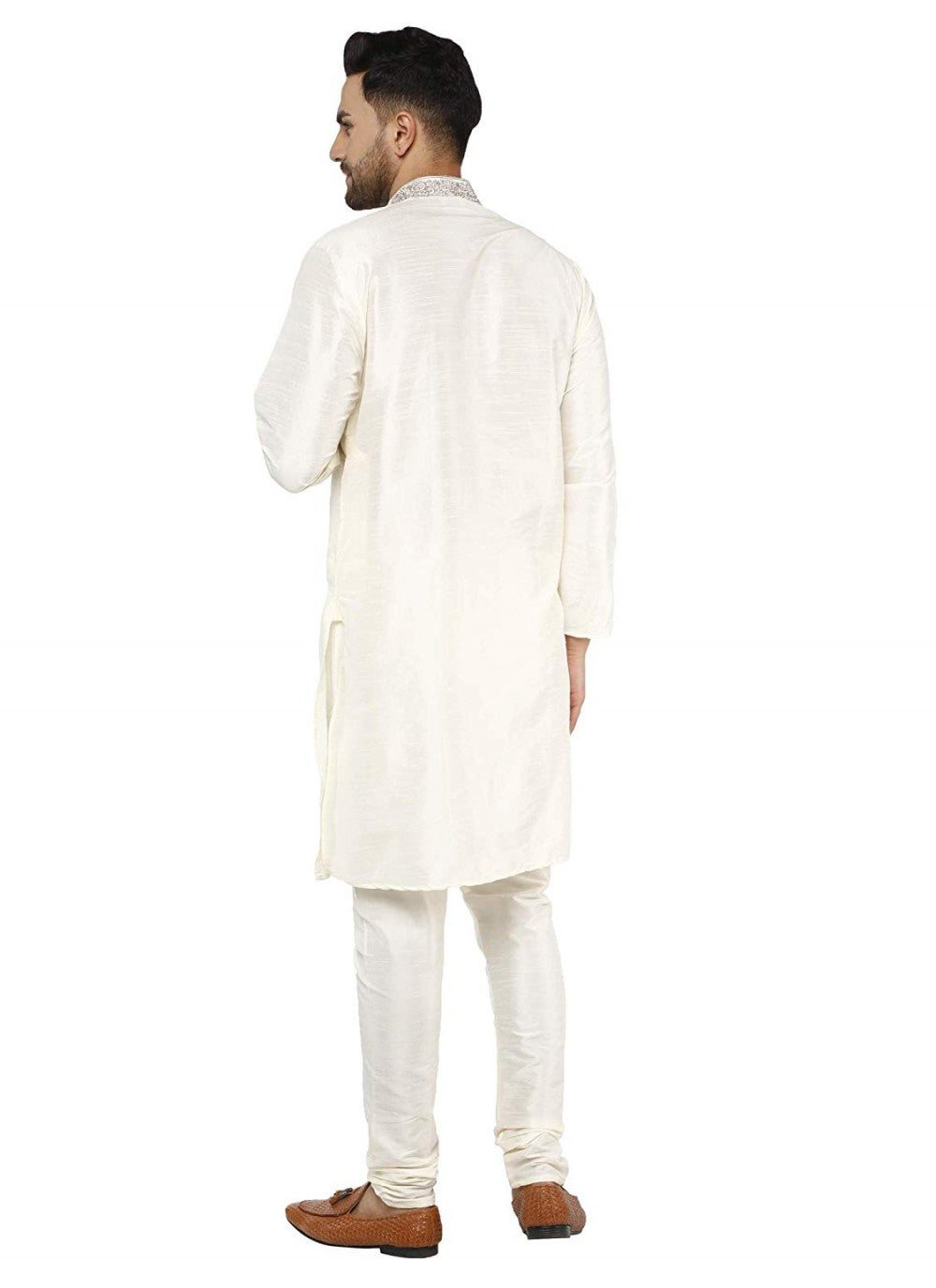 Embroidered Art Dupion Silk White Kurta Pyjama - M1295