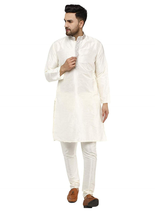 Embroidered Art Dupion Silk White Kurta Pyjama - M1295