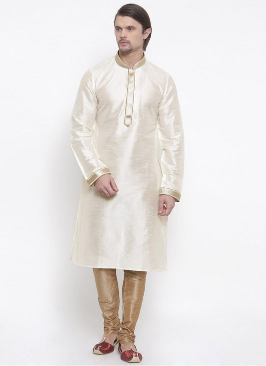 Embroidered Art Dupion Silk White Kurta Pyjama - M1653