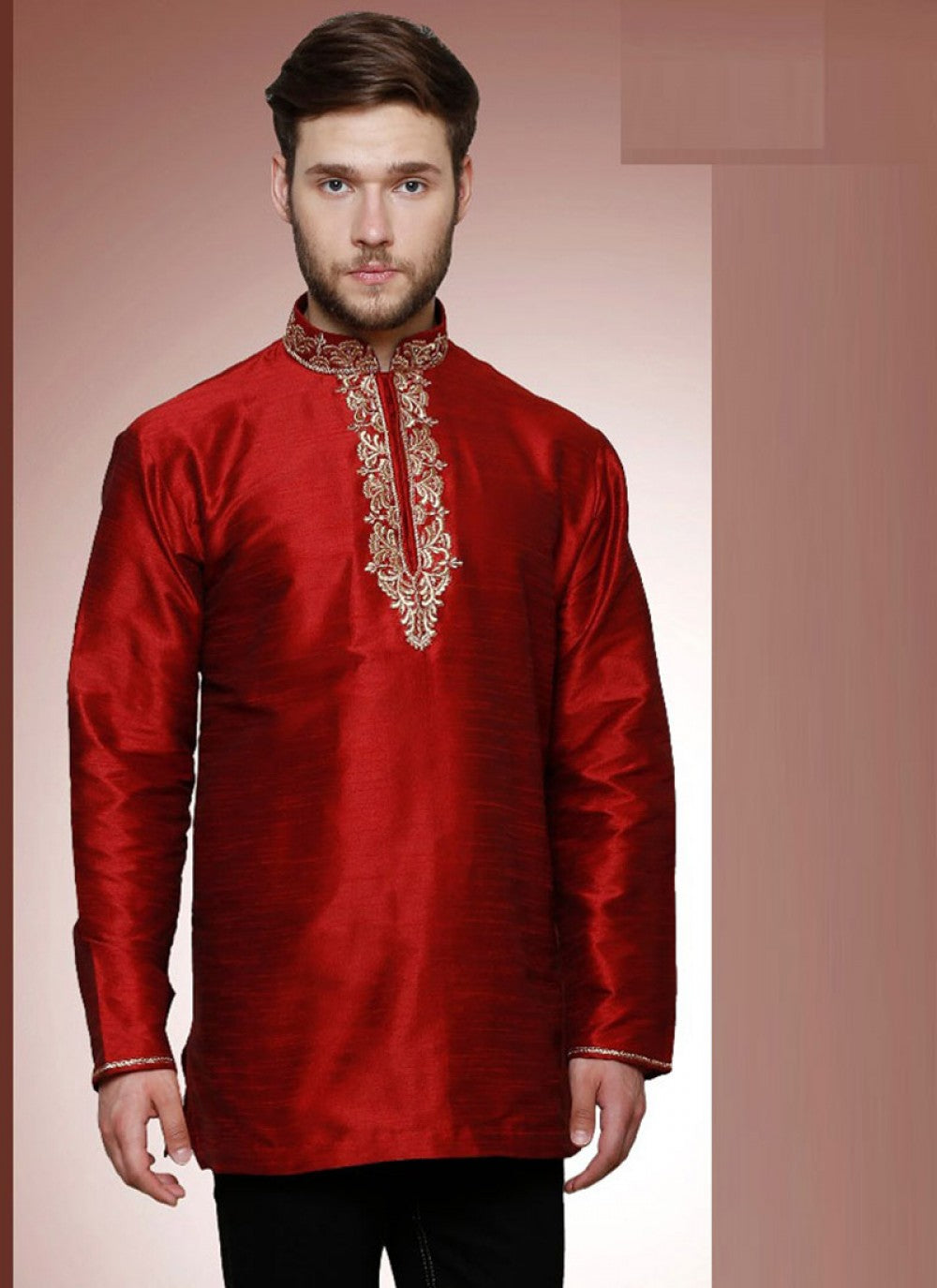 Embroidered Art Dupion Silk Maroon Kurta - M1205