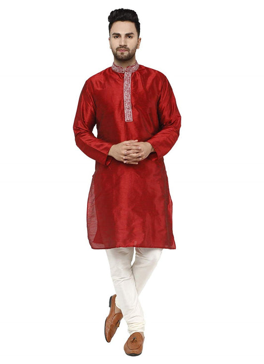 Embroidered Art Dupion Silk Maroon Kurta Pyjama - M1292