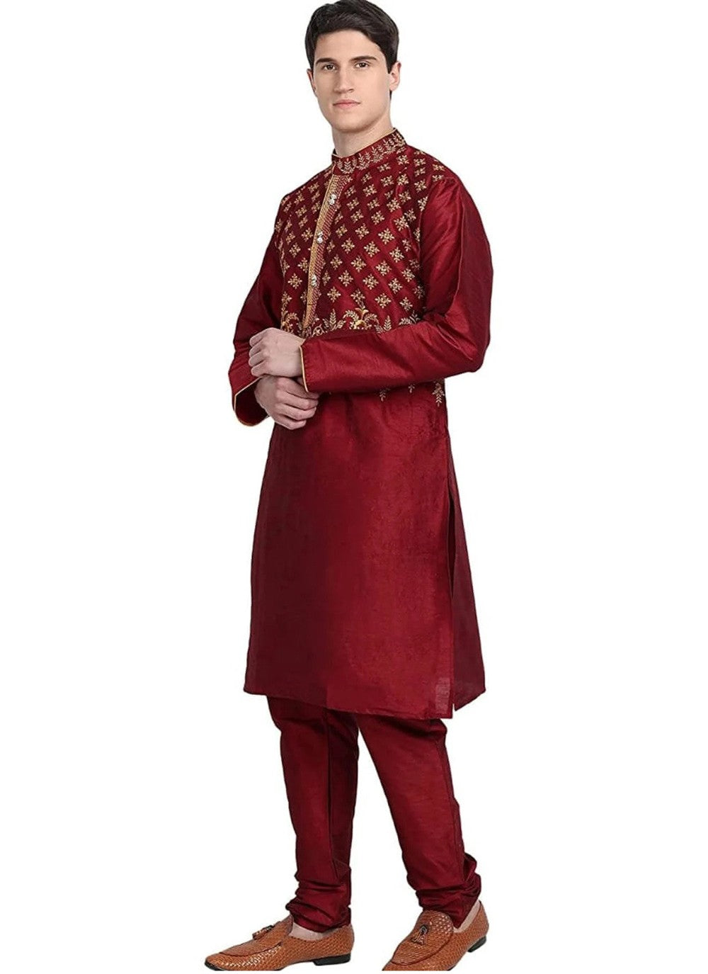 Embroidered Art Dupion Silk Maroon Kurta Pyjama - M4205