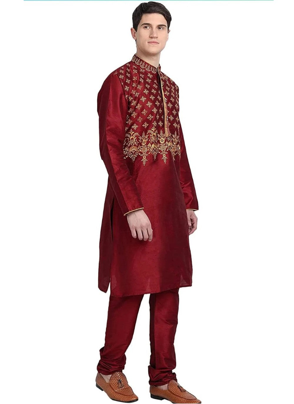 Embroidered Art Dupion Silk Maroon Kurta Pyjama - M4205