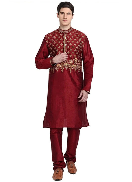 Embroidered Art Dupion Silk Maroon Kurta Pyjama - M4205