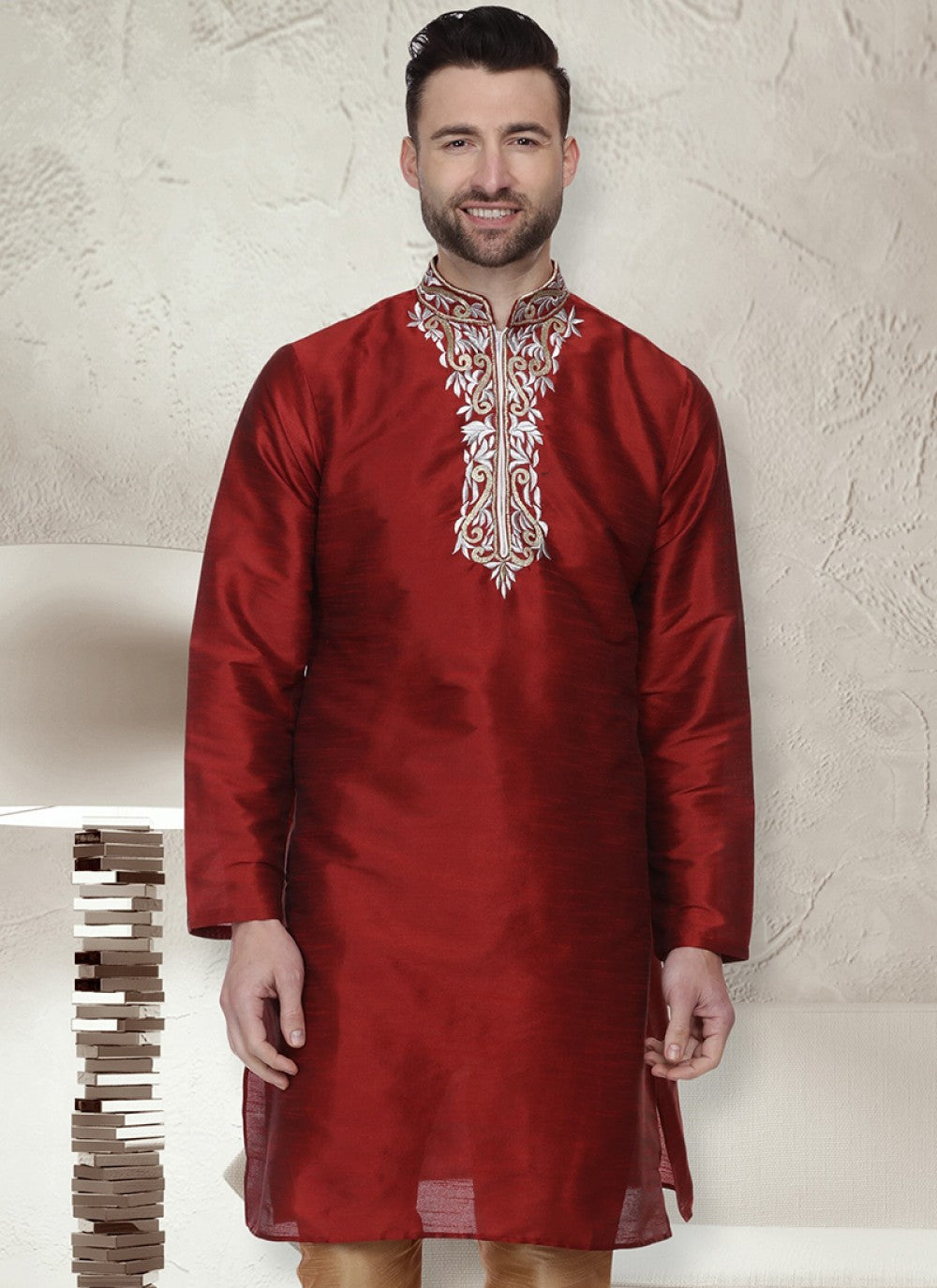 Embroidered Art Dupion Silk Maroon Kurta - M1309