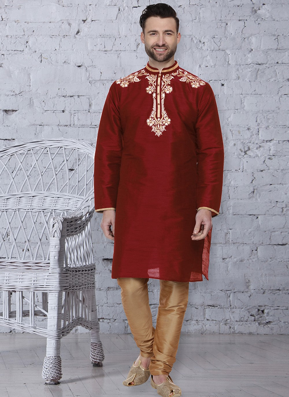 Stones Art Dupion Silk Maroon Kurta Pyjama - M1227