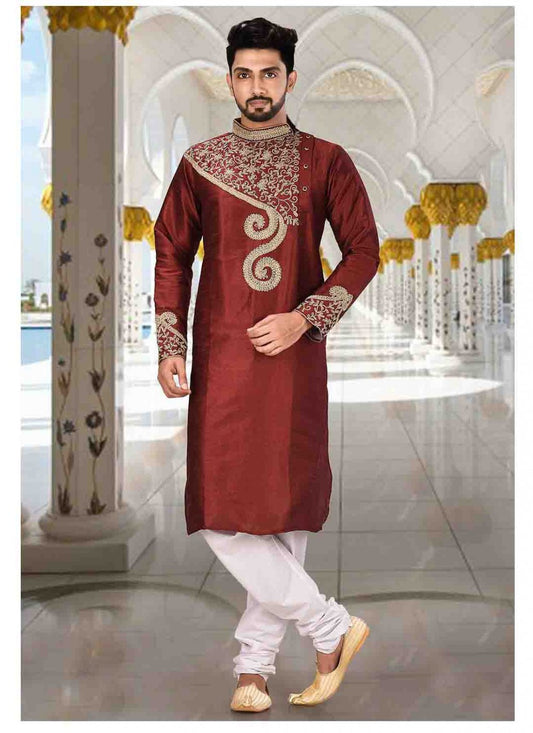 Embroidered Art Dupion Silk Maroon Kurta Pyjama - M1601