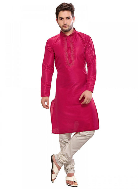 Plain Art Dupion Silk Maroon Kurta Pyjama - M1147