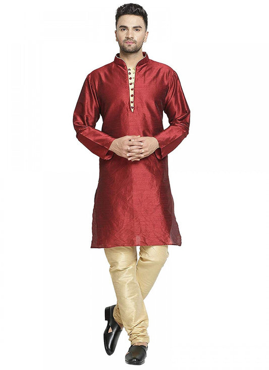 Plain Art Dupion Silk Maroon Kurta Pyjama - M1299