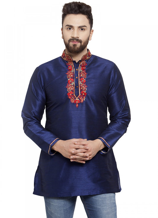 Embroidered Art Dupion Silk Navy Blue Kurta - M1244