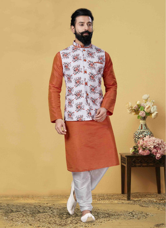 Printed Art Dupion Silk Orange Kurta Payjama With Jacket - M1722