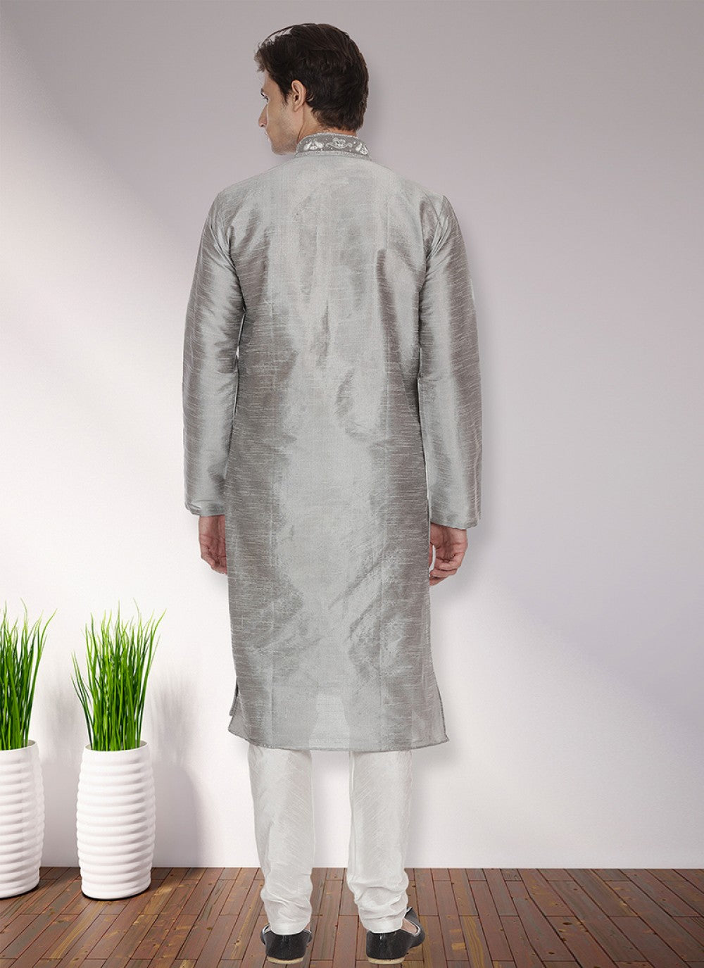 Patch Art Dupion Silk Grey Kurta Pyjama - M1132