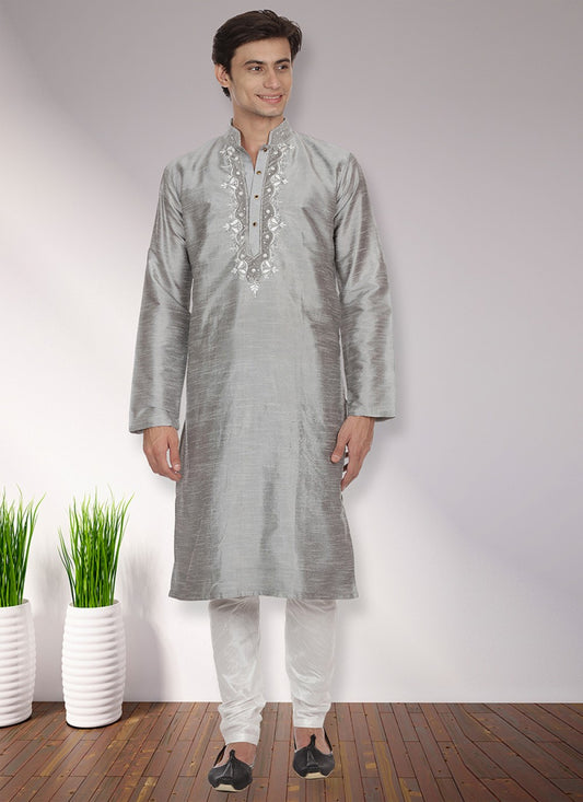 Patch Art Dupion Silk Grey Kurta Pyjama - M1132