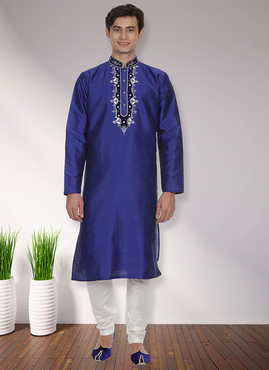 Patch Art Dupion Silk Blue Kurta Pyjama - M1131