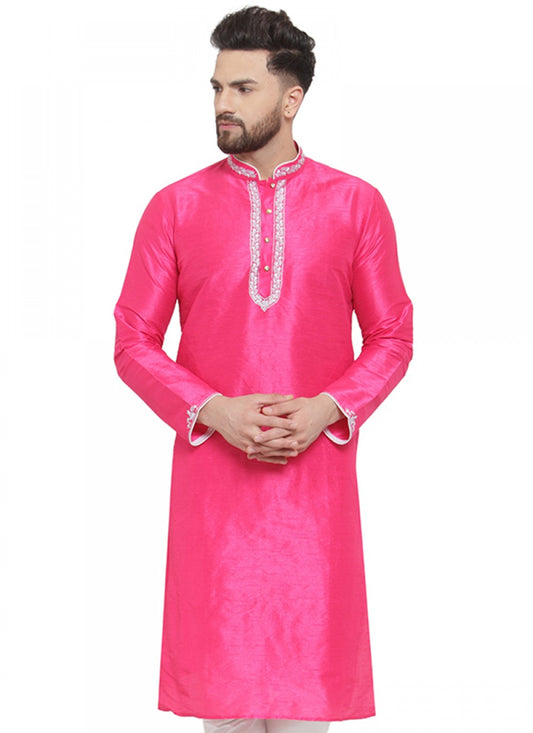 Embroidered Art Dupion Silk Pink Kurta - M1382