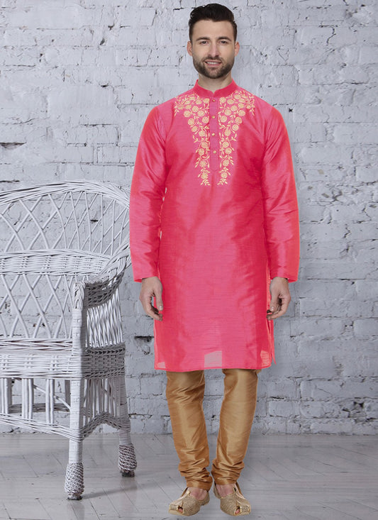 Embroidered Art Dupion Silk Pink Kurta Pyjama - M1230