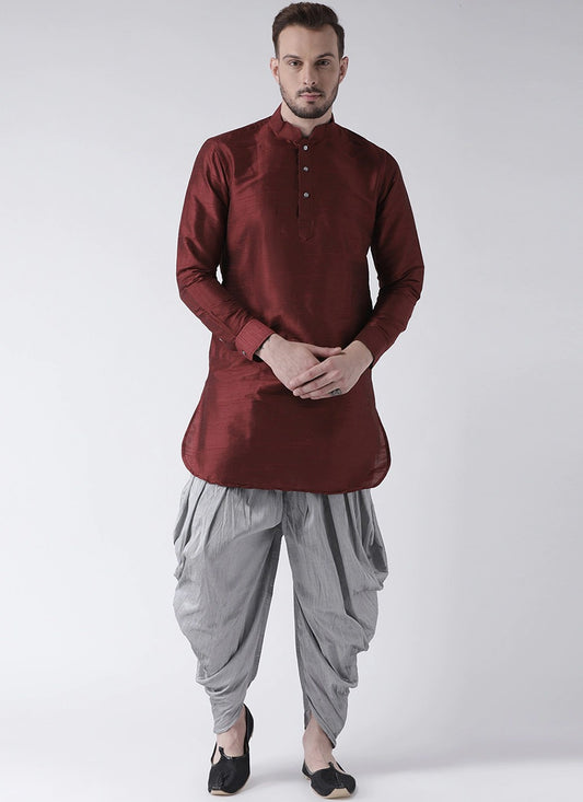 Plain Art Dupion Silk Maroon Dhoti Kurta - M2476