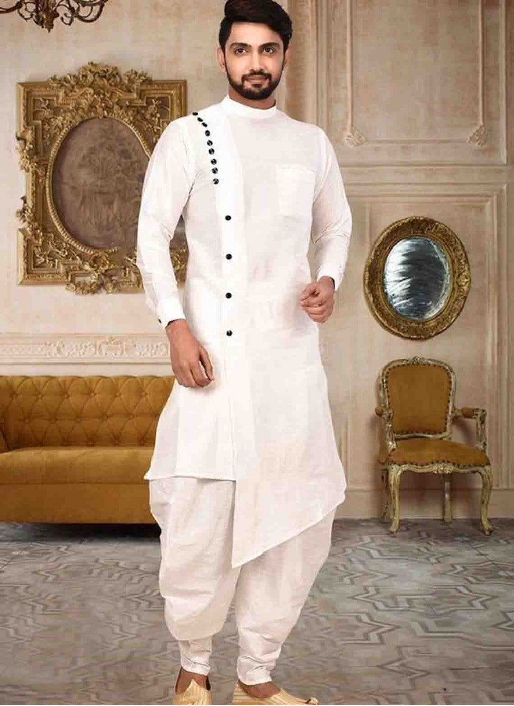 Plain Art Dupion Silk White Dhoti Kurta - M1548