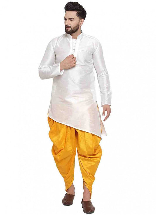 Plain Art Dupion Silk White Dhoti Kurta - M1557