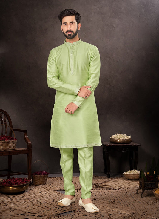 Plain Art Dupion Silk Green Kurta Pyjama - M7223