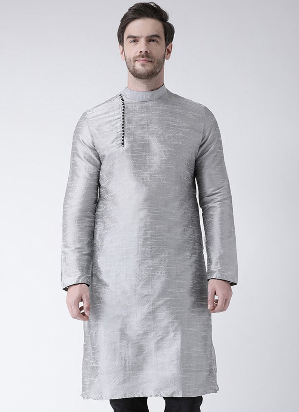 Plain Art Dupion Silk Grey Kurta - M1417