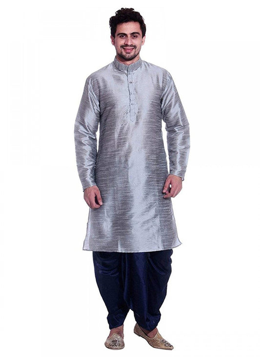 Plain Art Dupion Silk Grey Kurta Pyjama - M1145