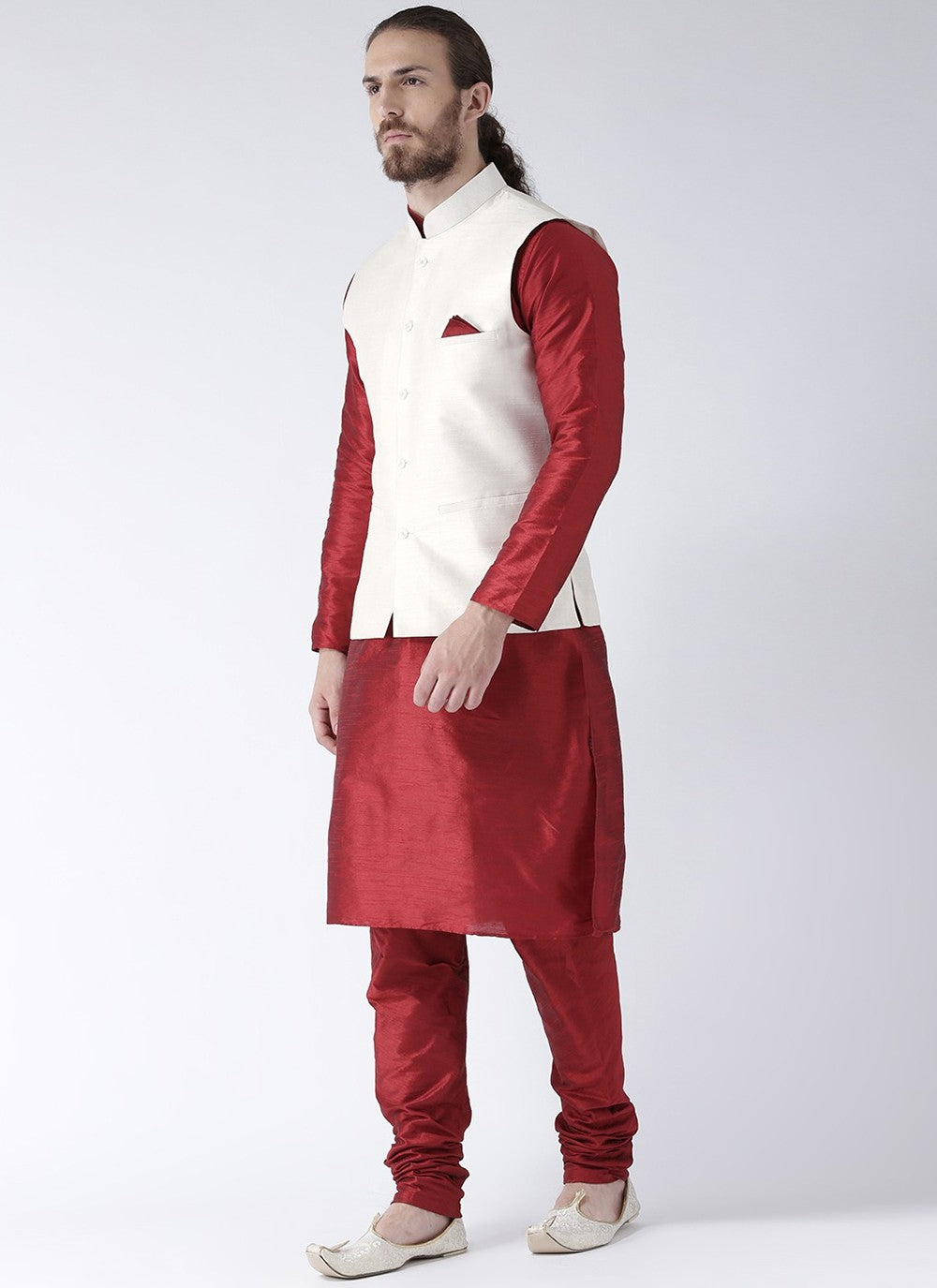 Plain Art Dupion Silk Maroon, White Kurta Payjama With Jacket - M2456