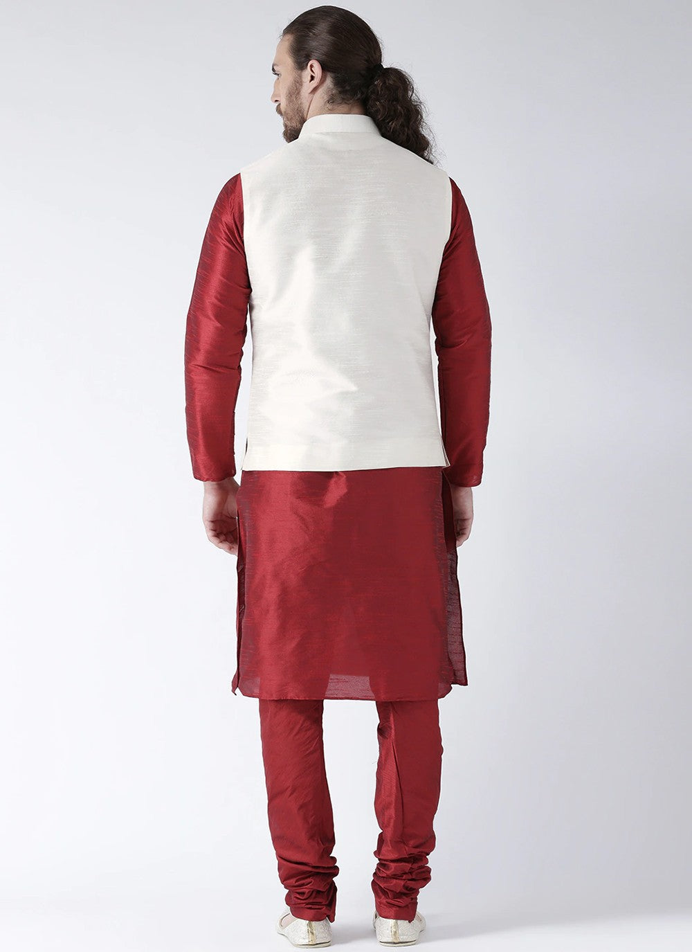 Plain Art Dupion Silk Maroon, White Kurta Payjama With Jacket - M2456