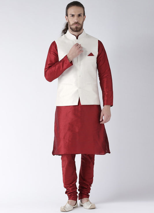 Plain Art Dupion Silk Maroon, White Kurta Payjama With Jacket - M2456