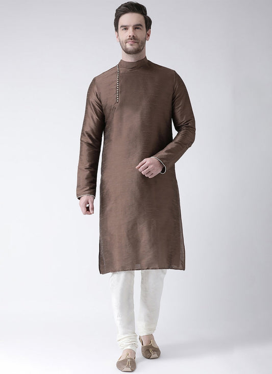 Plain Art Dupion Silk Brown Kurta Pyjama - M1442