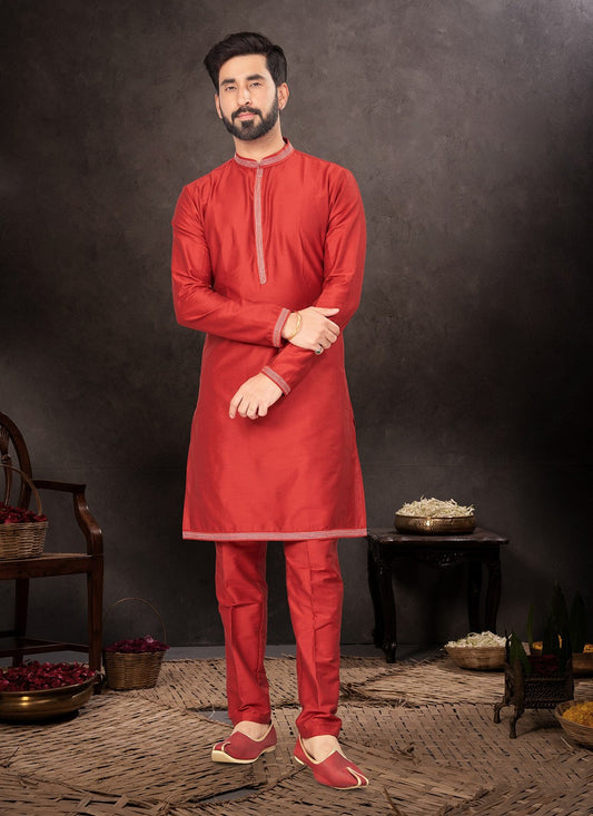 Plain Art Dupion Silk Maroon Kurta Pyjama - M7225