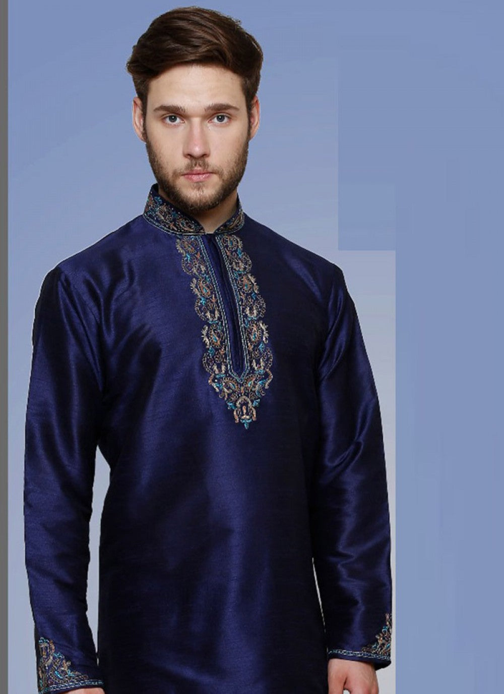 Plain Art Dupion Silk Navy Blue Kurta Pyjama - M1188