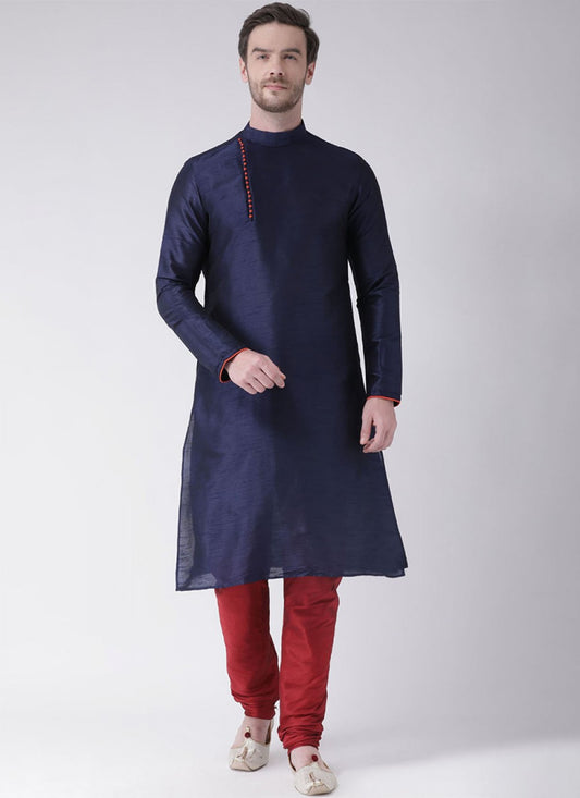 Plain Art Dupion Silk Navy Blue Kurta Pyjama - M1448