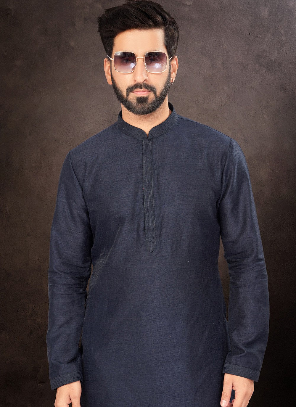 Plain Art Dupion Silk Navy Blue Kurta Pyjama - M7227