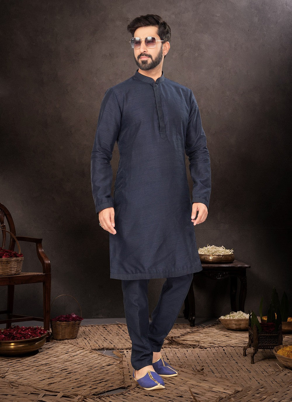 Plain Art Dupion Silk Navy Blue Kurta Pyjama - M7227