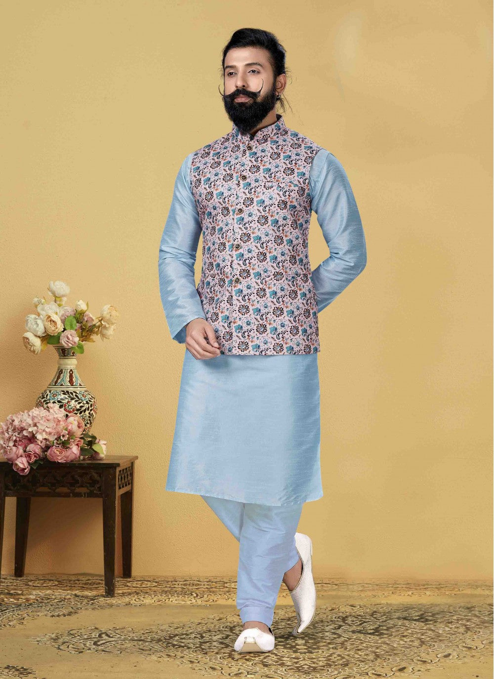 Printed Art Dupion Silk Aqua Blue Kurta Payjama With Jacket - M1726